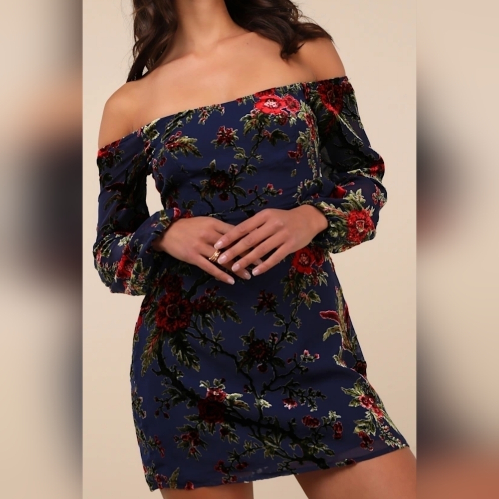 Lulus Magnificent Charm Velvet Floral Off-Shoulder Mini Dress, Navy & Red, XS